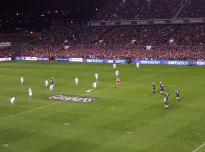 Ronan O'Gara kicks into the swirling South Terrace end